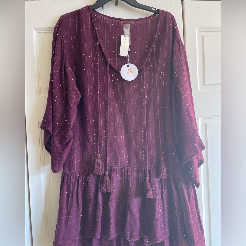 Anthropology Burgundy Dress with Gold Dots Sz M